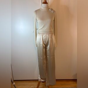 Mango Gold/Ivory Sweater and Ivory Satin Wide Leg Pants Set | S